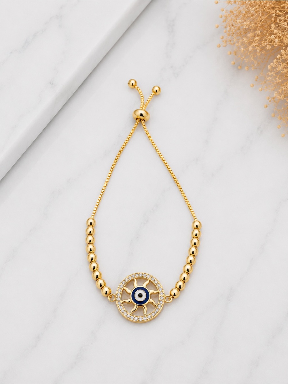 Goldfilled  Evil Eye Sun Bead Adjustable Bracelet